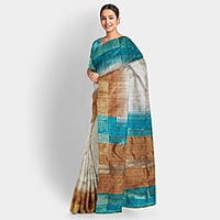 Ghicha Silk Ikkat Saree Handloom Tussar Cobalt Turquois and Ruddy Brown with BP