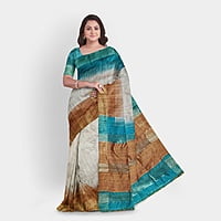 Ghicha Silk Ikkat Saree Handloom Tussar Cobalt Turquois and Ruddy Brown with BP