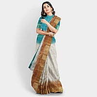 Ghicha Silk Ikkat Saree Handloom Tussar Cobalt Turquois and Ruddy Brown with BP