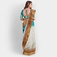 Ghicha Silk Ikkat Saree Handloom Tussar Cobalt Turquois and Ruddy Brown with BP