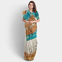 Ghicha Silk Ikkat Saree Handloom Tussar Cobalt Turquois and Ruddy Brown with BP