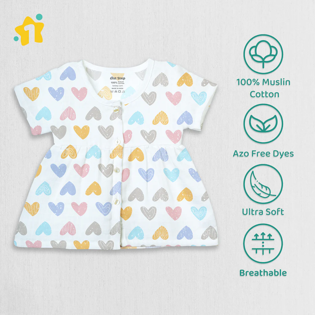 1st Step 100% Soft Muslin Cotton Button Half Sleeve Baby Frock - Pack Of 4 - 6-9 Months 1st Step 100% Soft Muslin Cotton Button Half Sleeve Baby Frock - Pack Of 4 - 6-9 Months