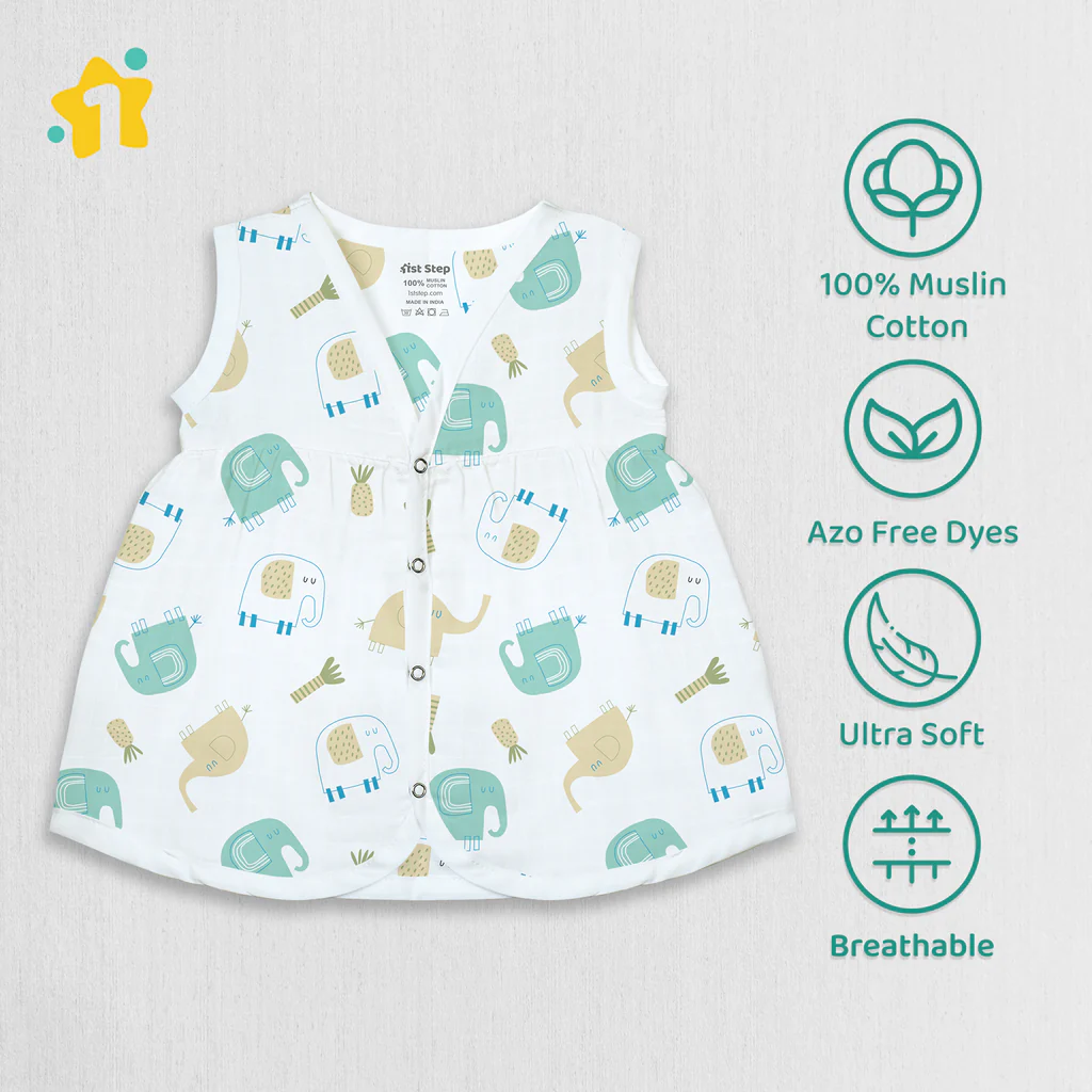 1st Step 100% Soft Muslin Cotton Snap Button Baby Frock - Pack Of 4 - New Born