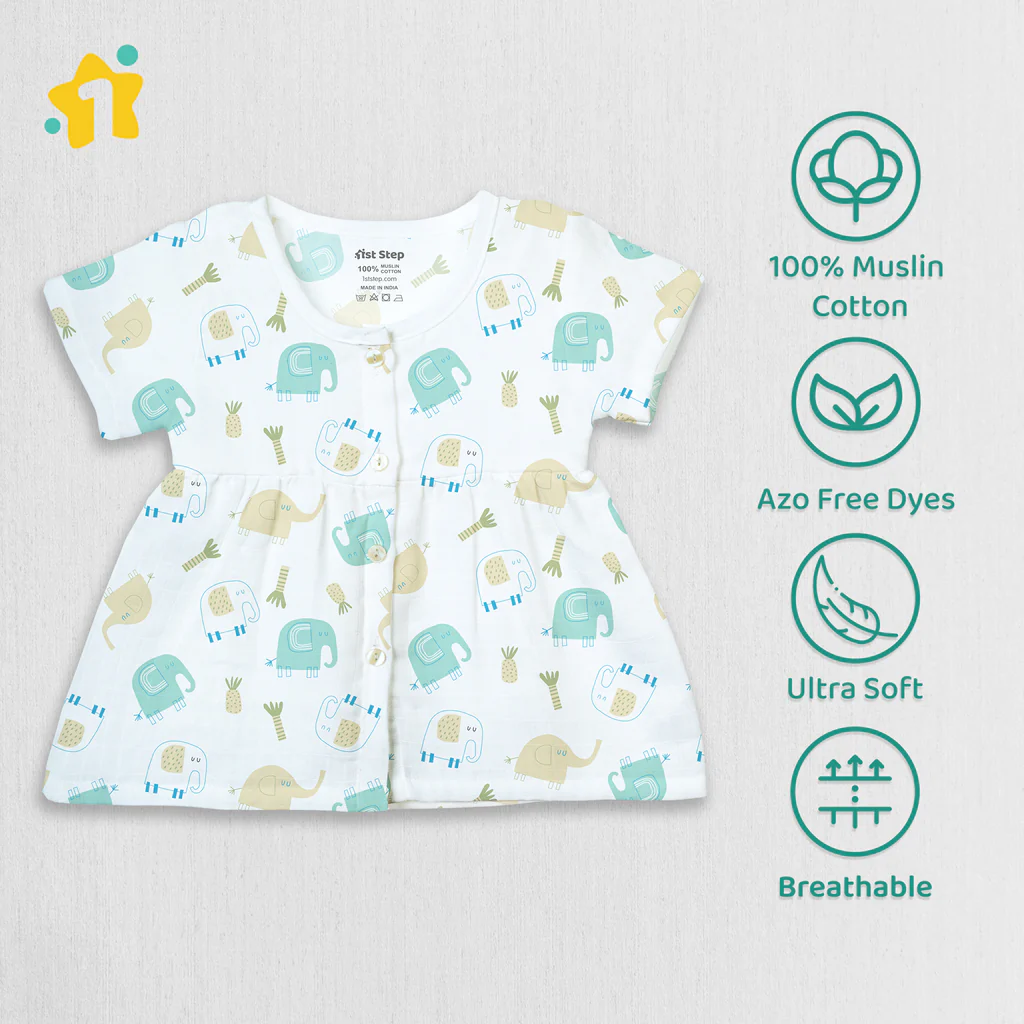 1st Step 100% Soft Muslin Cotton Button Half Sleeve Baby Frock - Pack Of 4 - 0-3 Months 1st Step 100% Soft Muslin Cotton Button Half Sleeve Baby Frock - Pack Of 4 - 0-3 Months