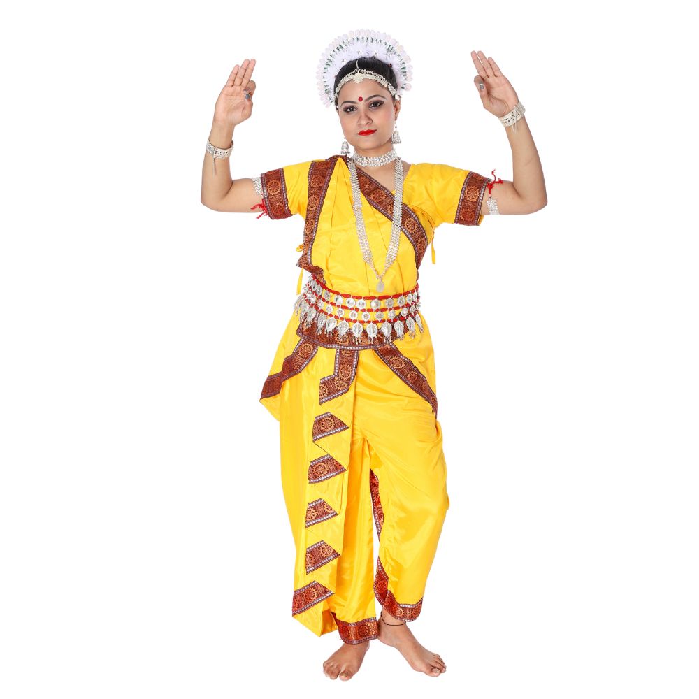 Odissi Dance Dress Yellow with Maroon Border Odissi Dance Dress Yellow with Maroon Border