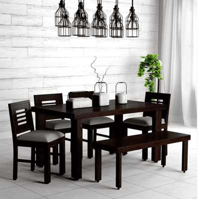 Sheesham Wood 6 Seater Dining Table | Dining Room Furniture | 4 Chairs with Cushion & 1 Bench| Warm Chestnut Finish Sheesham Wood 6 Seater Dining Table | Dining Room Furniture | 4 Chairs with Cushion & 1 Bench| Warm Chestnut Finish