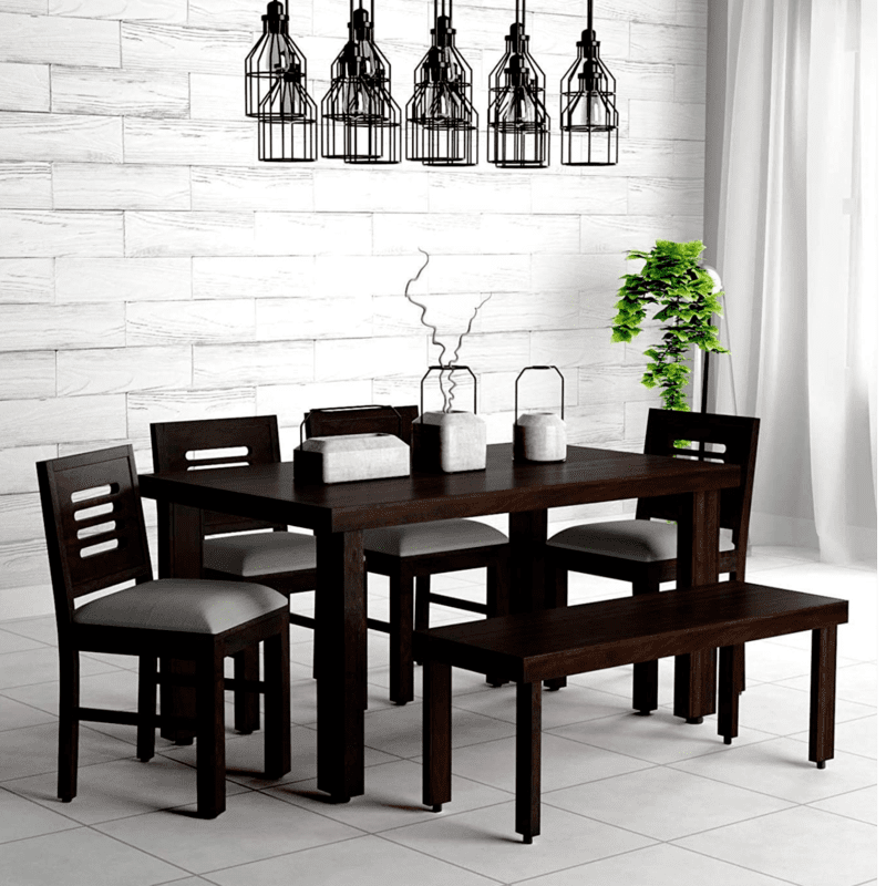 Sheesham Wood 6 Seater Dining Table | Dining Room Furniture | 4 Chairs with Cushion & 1 Bench| Warm Chestnut Finish Sheesham Wood 6 Seater Dining Table | Dining Room Furniture | 4 Chairs with Cushion & 1 Bench| Warm Chestnut Finish