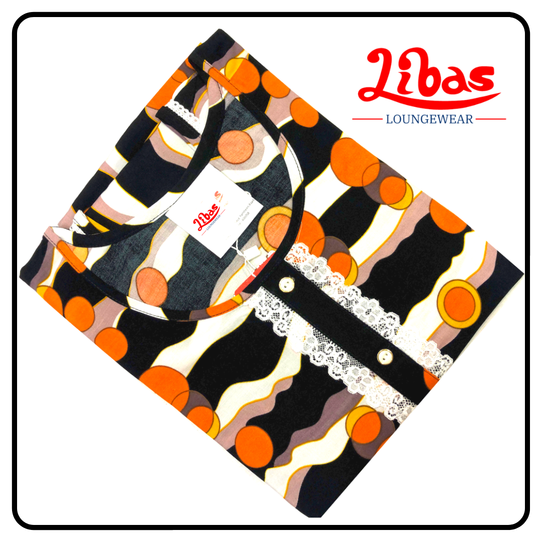 Orange white & black striped geometric printed rayon sleeveless nighty from libas loungewear-SL028 Orange white & black striped geometric printed rayon sleeveless nighty from libas loungewear-SL028