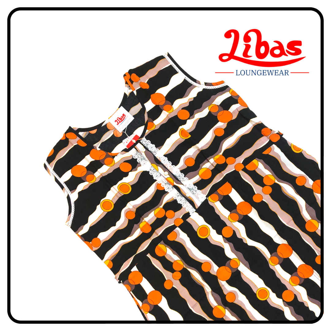 Orange white & black striped geometric printed rayon sleeveless nighty from libas loungewear-SL028 Orange white & black striped geometric printed rayon sleeveless nighty from libas loungewear-SL028