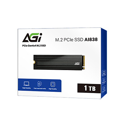 AGI PCIe NVMe M.2 SSD, Gen4x4, DRAM Cache, 3D NAND, Heat Sink, 7420/5100MB/s, AI838-1 TB