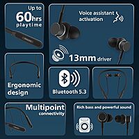 Philips TAN1150BK/94 Wireless Neckband with 60 Hr Playtime, Fast Charging, 13mm Deep Bass Drivers, AI ENC Mic, Multipoint Connectivity, Bluetooth v5.3, IPX5 Water Resistance Philips TAN1150BK/94 Wireless Neckband with 60 Hr Playtime, Fast Charging, 13mm Deep Bass Drivers, AI ENC Mic, Multipoint Connectivity, Bluetooth v5.3, IPX5 Water Resistance