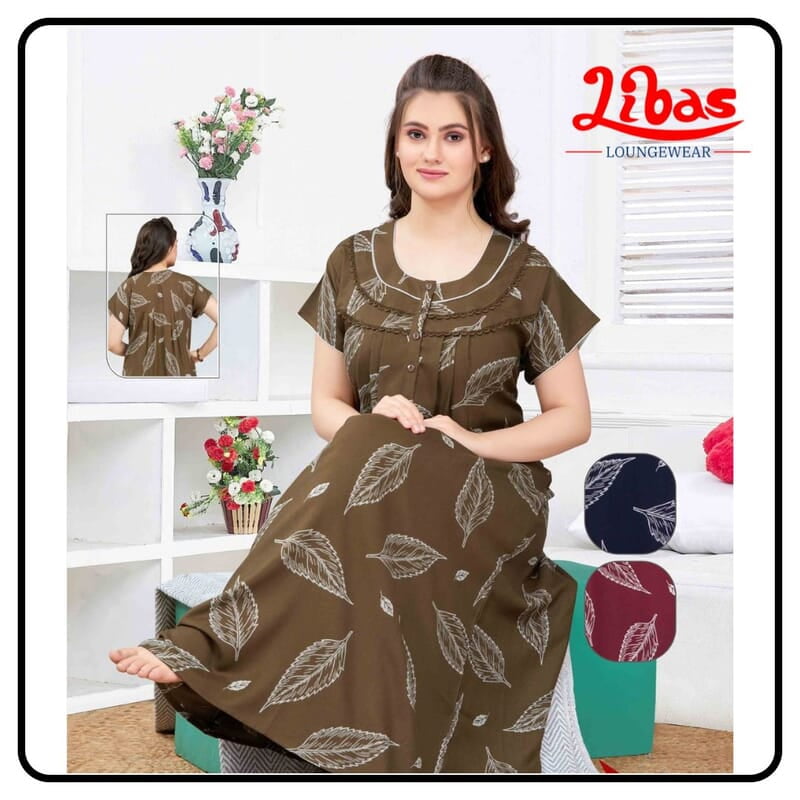 Deep Bronze Spun Cotton Nighty With Front Button Opening From Libas Loungewear - PLT272