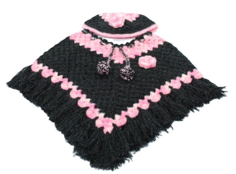 Handknitted black and pink woolen poncho and cap for kids between 1 and 2 years || winterwear || beautiful design and excellent finish and amazing crotchet work
