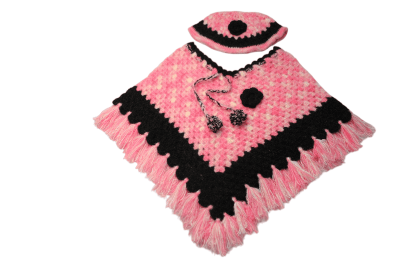 Handmade Woollen Crochet Poncho for Kids, 5-6 Years, Pink and Black Handmade Woollen Crochet Poncho for Kids, 5-6 Years, Pink and Black