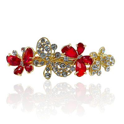 Party Wear Butterfly Stones & Beads Red Crystal French Barrette Party Wear Butterfly Stones & Beads Red Crystal French Barrette