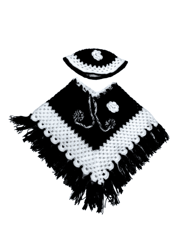 EELIKA Handknitted black and white woolen poncho with cap for kids between 6 months and 1 year || winterwear || beautiful design and excellent finish and amazing crotchet work EELIKA Handknitted black and white woolen poncho with cap for kids between 6 months and 1 year || winterwear || beautiful design and excellent finish and amazing crotchet work