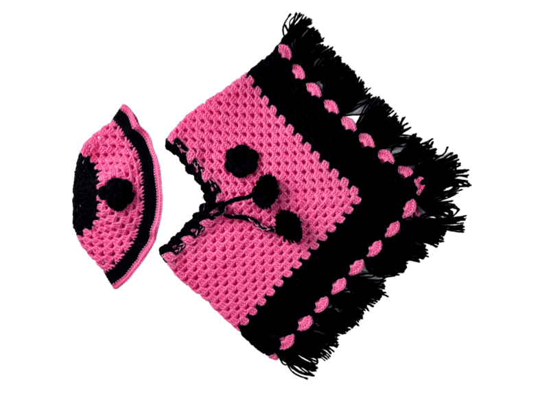 EELIKA Handknitted pink and black woolen poncho with cap for kids between 3 months and 6 months || winterwear || beautiful design and excellent finish and amazing crotchet work