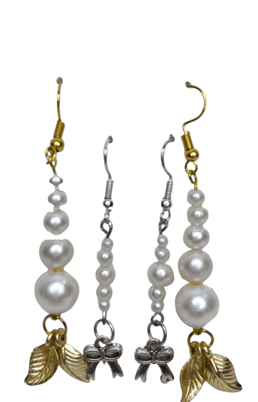 Set of 2 earrings with silver colored beads with leaf shaped golden charm and tie shaped silver charm || drop and dangle design || for office , parties and home Set of 2 earrings with silver colored beads with leaf shaped golden charm and tie shaped silver charm || drop and dangle design || for office , parties and home