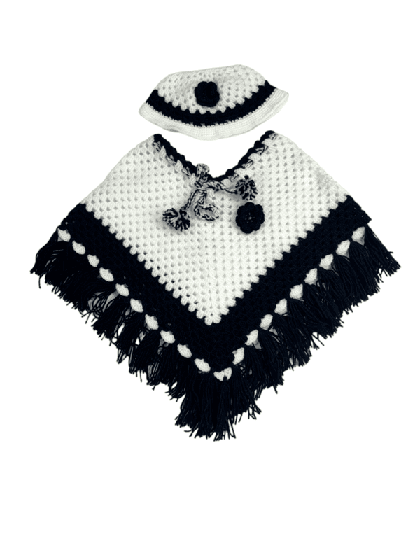 EELIKA Handknitted white and black woolen poncho and cap for kids between 1 and 2 years || winterwear || beautiful design and excellent finish and amazing crotchet work