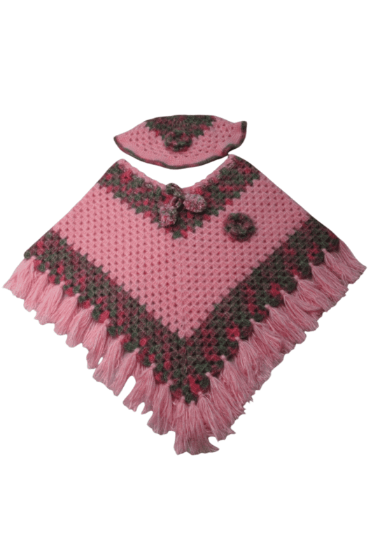 Handmade Crochet Poncho with Cap for Kids, Pink, 6-7 Years Handmade Crochet Poncho with Cap for Kids, Pink, 6-7 Years