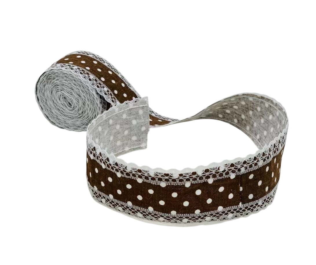 Coffe Polka Jute Ribbon with Lace Edges Coffe Polka Jute Ribbon with Lace Edges