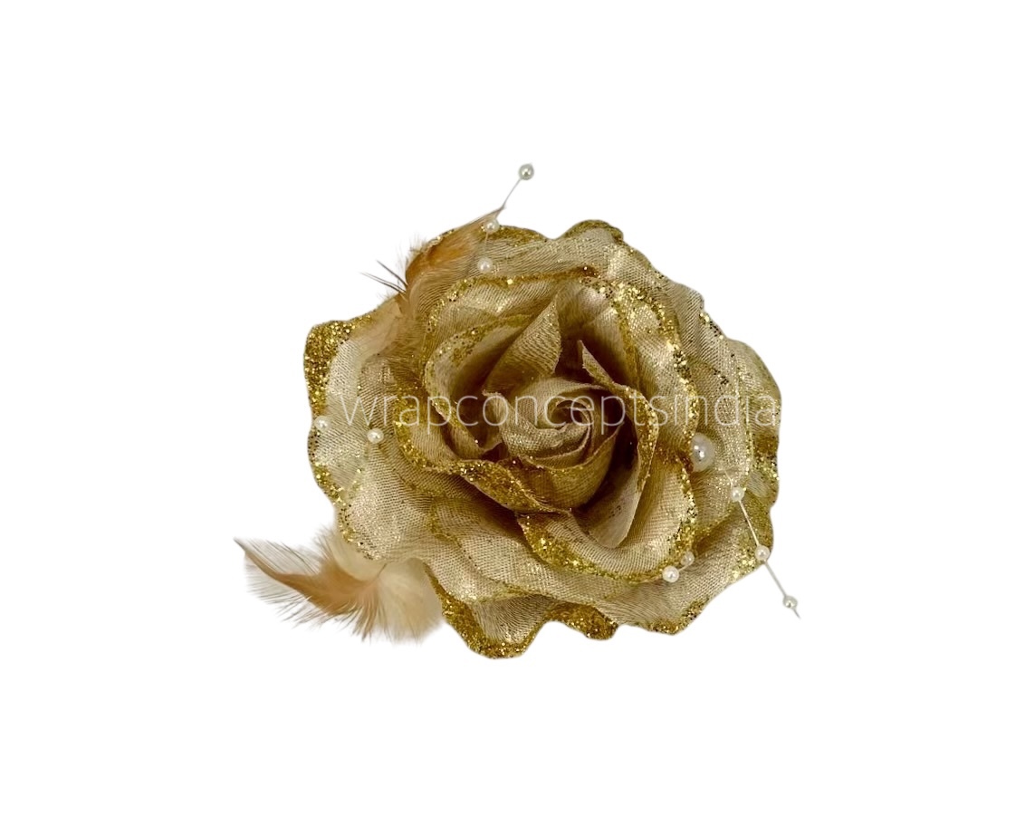 Gold Rose With Feather & Pearl String