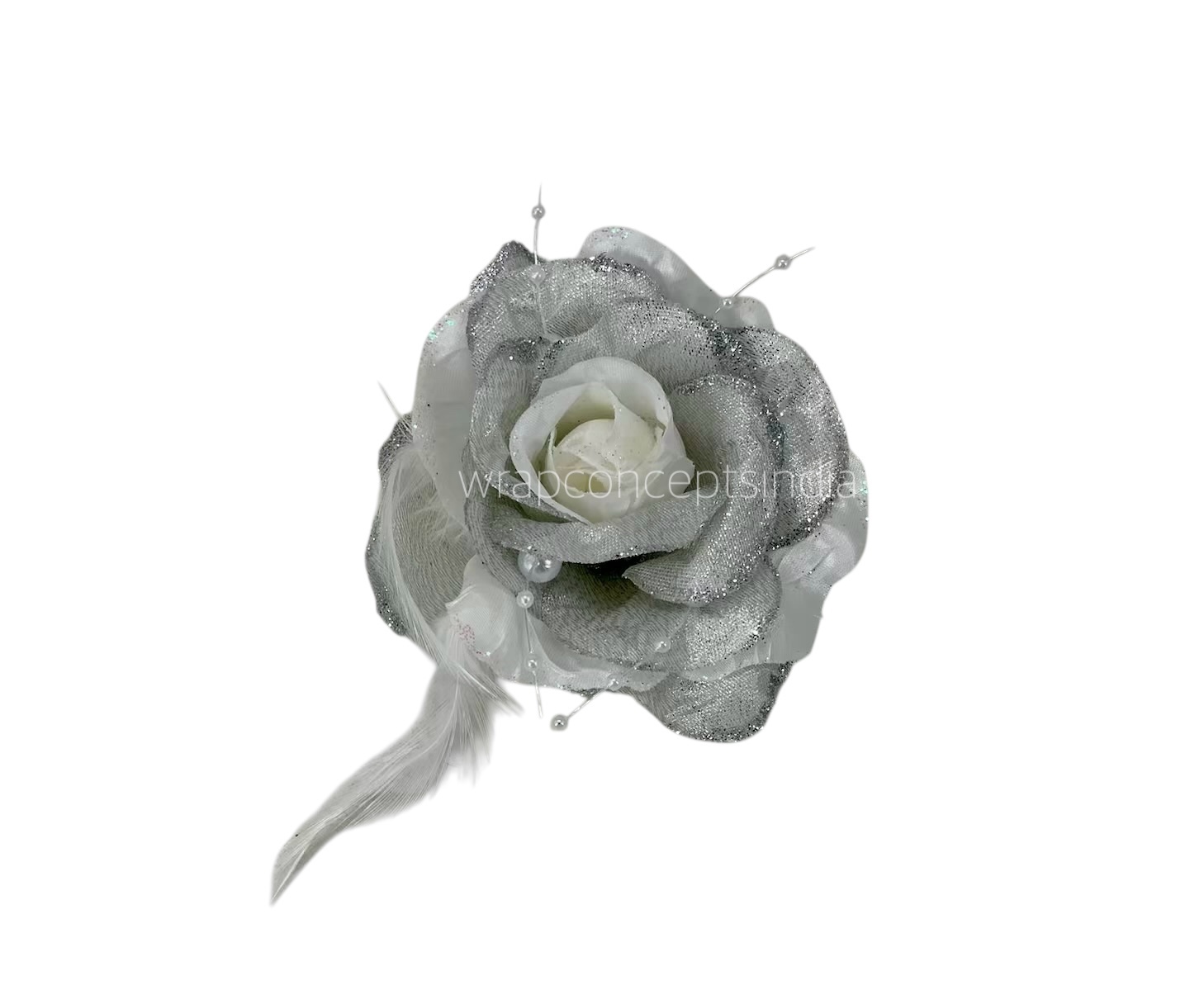 White Silver Rose With Feather & Pearl String White Silver Rose With Feather & Pearl String