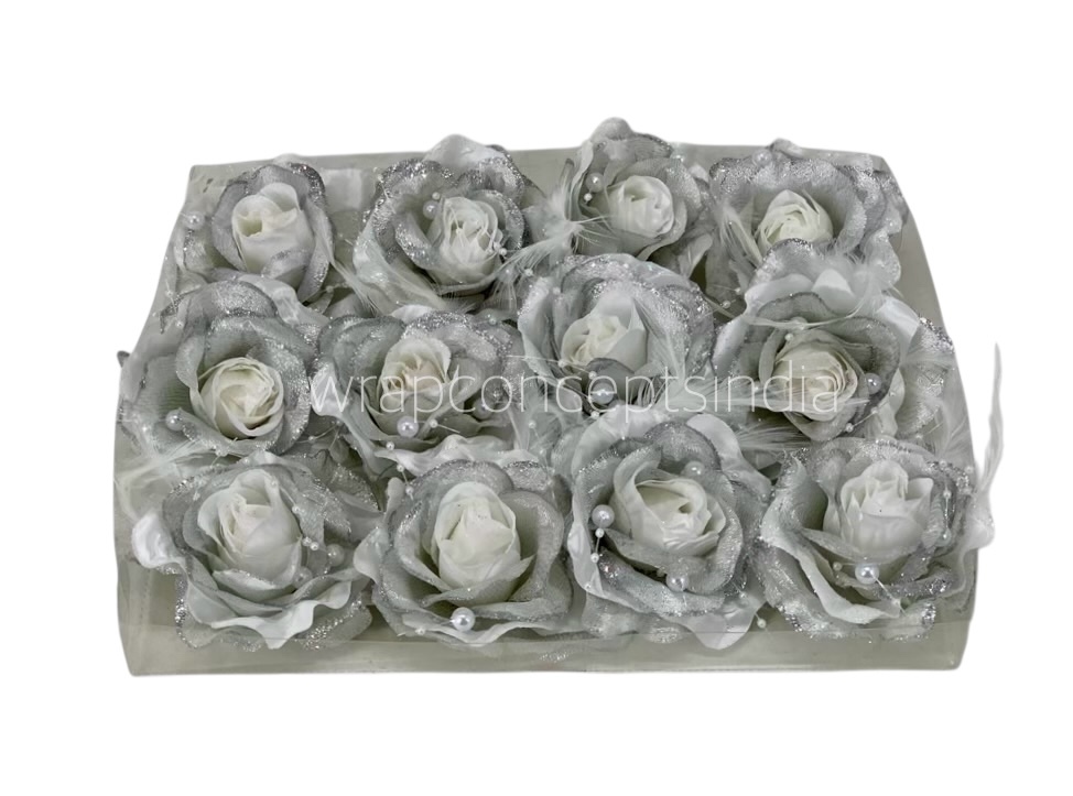 White Silver Rose With Feather & Pearl String White Silver Rose With Feather & Pearl String