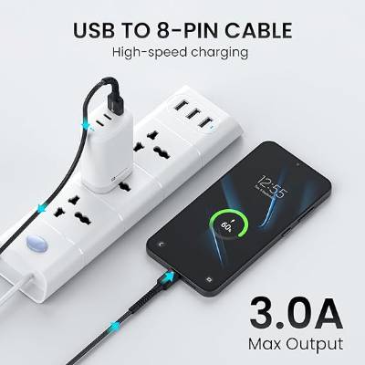 Portronics Konenct X USB to 8 Pin Cable with 3A Output, Fast Charging & Data Transfer, Nylon Braided, Aluminium Alloy Shell, 1M Length compatible with 8 PIN Devices(Black) Portronics Konenct X USB to 8 Pin Cable with 3A Output, Fast Charging & Data Transfer, Nylon Braided, Aluminium Alloy Shell, 1M Length compatible with 8 PIN Devices(Black)