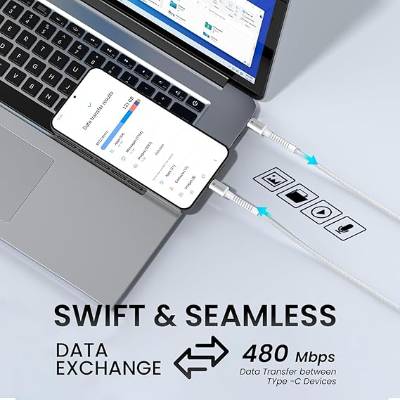 Portronics Konnect X 60W Type C to Type C Unbreakable Nylon Braided Cable, 1M Fast Charging Cable for iPhone 15 series, iPad, Samsung Galaxy & other Type C Devices(White) Portronics Konnect X 60W Type C to Type C Unbreakable Nylon Braided Cable, 1M Fast Charging Cable for iPhone 15 series, iPad, Samsung Galaxy & other Type C Devices(White)