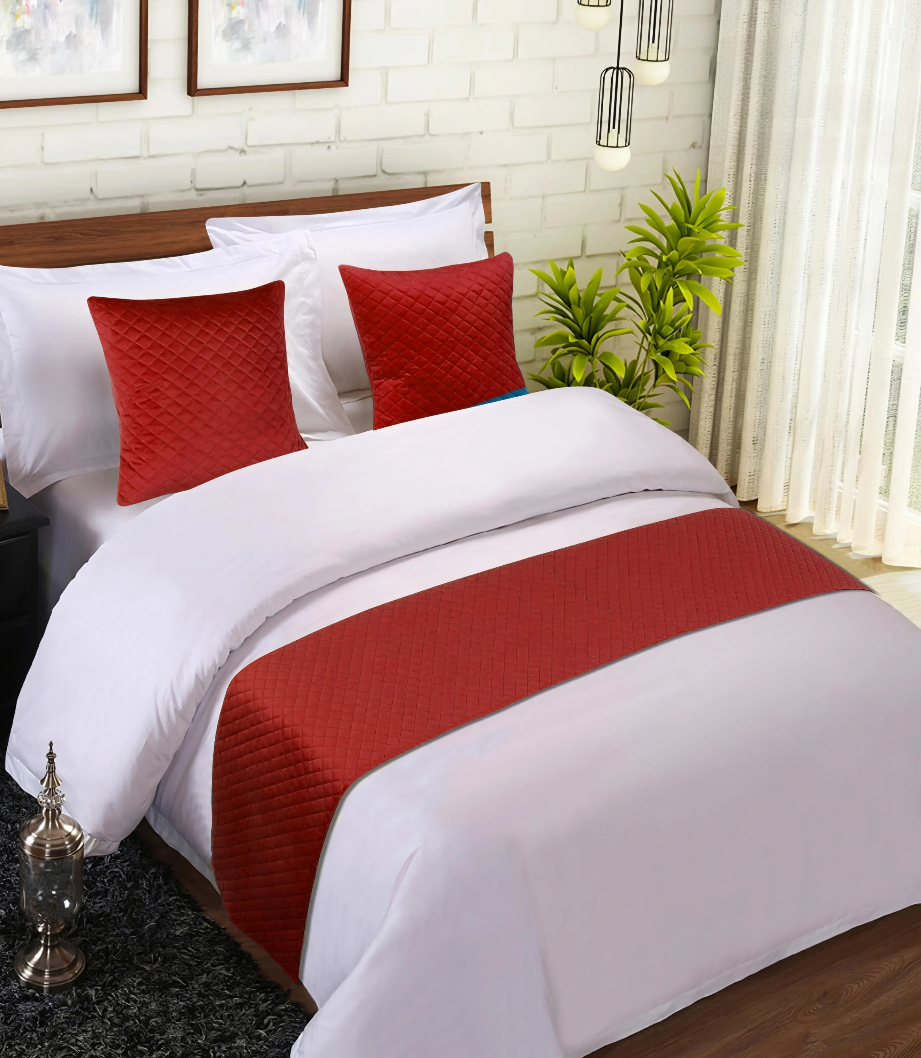 Bed Runner Velvet Ultrasonic with Cushion Cover - Maroon (Classic)