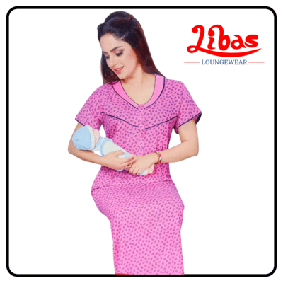Pink pleated cotton maternity feeding nighty with side zips from libas loungewear -  FNT001