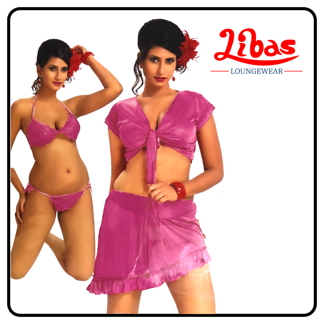 Plain pink satin four piece fancy nighty with net & lace work from libas loungewear-FCN022