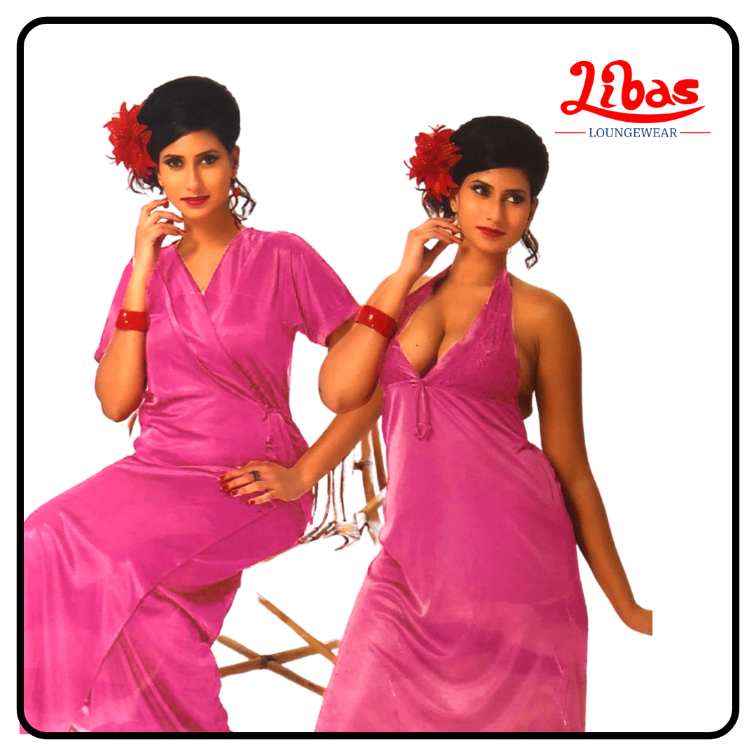 Plain pink satin four piece fancy nighty with net & lace work from libas loungewear-FCN022