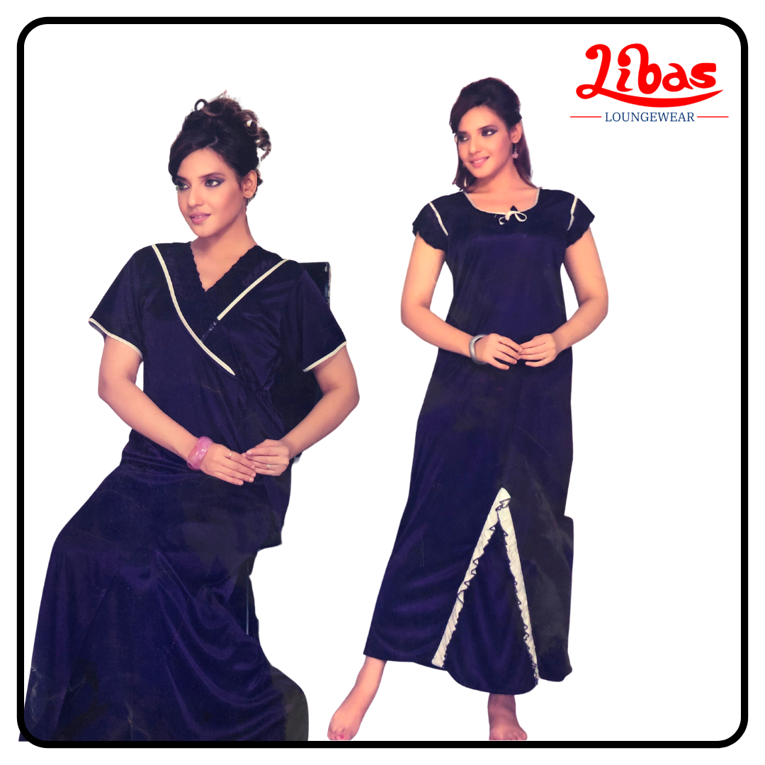 Plain violet satin two piece fancy nighty with net & lace work from libas loungewear-FCN014 Plain violet satin two piece fancy nighty with net & lace work from libas loungewear-FCN014