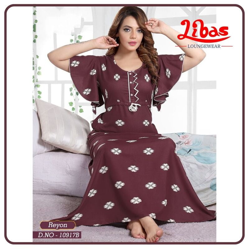 Black Rose Premium Rayon Nighty With Fashionable Sleeves & Knot Style From Libas Loungewear- AL700 Black Rose Premium Rayon Nighty With Fashionable Sleeves & Knot Style From Libas Loungewear- AL700
