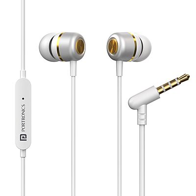 Portronics Conch 10 in-Ear Wired Earphone with 3.5mm Jack, Power Audio, Built-in Mic (White)