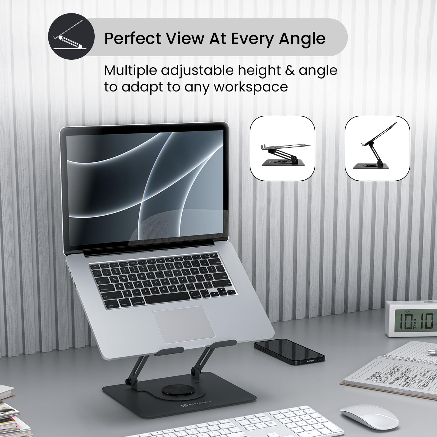 Portronics My Buddy K11, Foldable Metal Laptop Stand with 360° Rotation, Adjustable Height and Angle, Ventilated Design, Carbon Steel Build for Laptops & MacBooks (Black) Portronics My Buddy K11, Foldable Metal Laptop Stand with 360° Rotation, Adjustable Height and Angle, Ventilated Design, Carbon Steel Build for Laptops & MacBooks (Black)