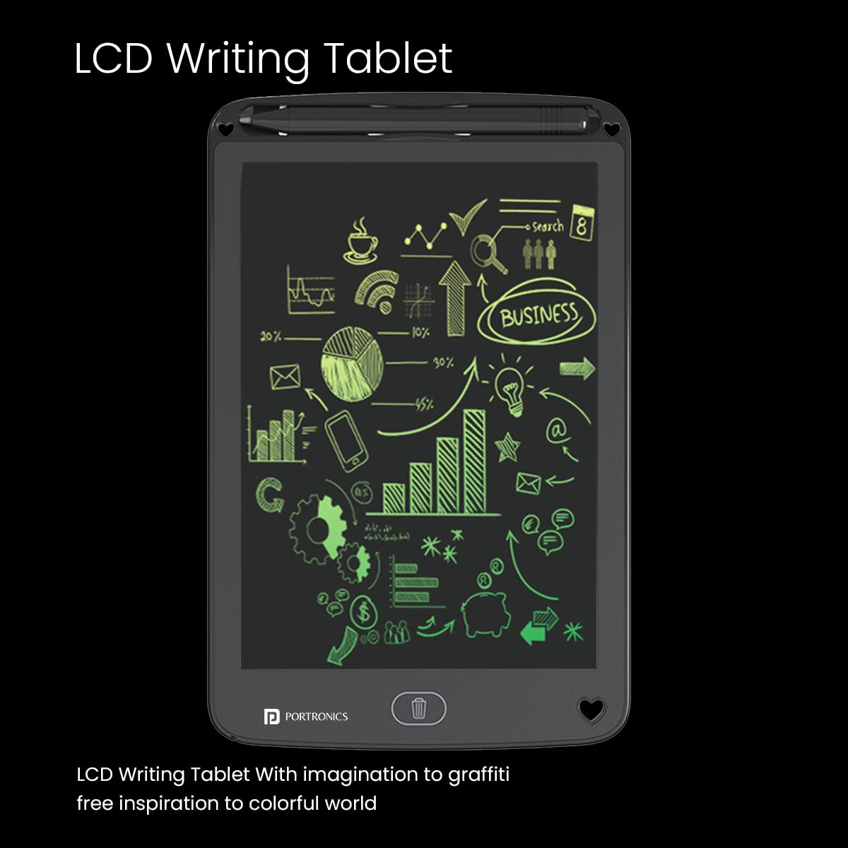 Portronics Ruffpad 12M Re-Writable Multicolor LCD Writing Pad 30.4cm (12 inch) Writing Area, Single Tap Erase, Smart Lock, Long Battery Life (Black)