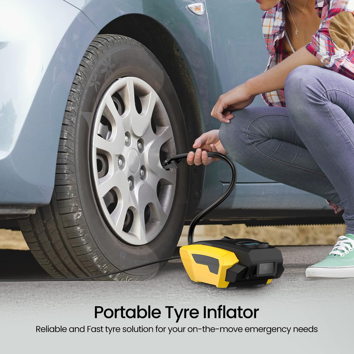 Portronics Vayu Lite Portable Tyre Inflator for Car, Bike, Cycle with 150 PSI Pressure, Digital Display, Auto Shut-Off, LED Light, 2.7m Cord, Air Pump Compressor for Cigarette Lighter Socket (Black)