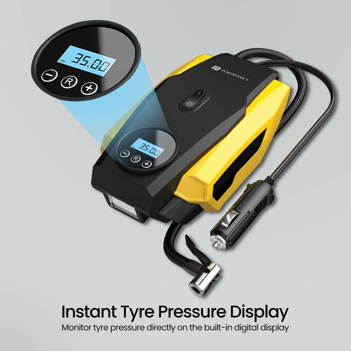 Portronics Vayu Lite Portable Tyre Inflator for Car, Bike, Cycle with 150 PSI Pressure, Digital Display, Auto Shut-Off, LED Light, 2.7m Cord, Air Pump Compressor for Cigarette Lighter Socket (Black)