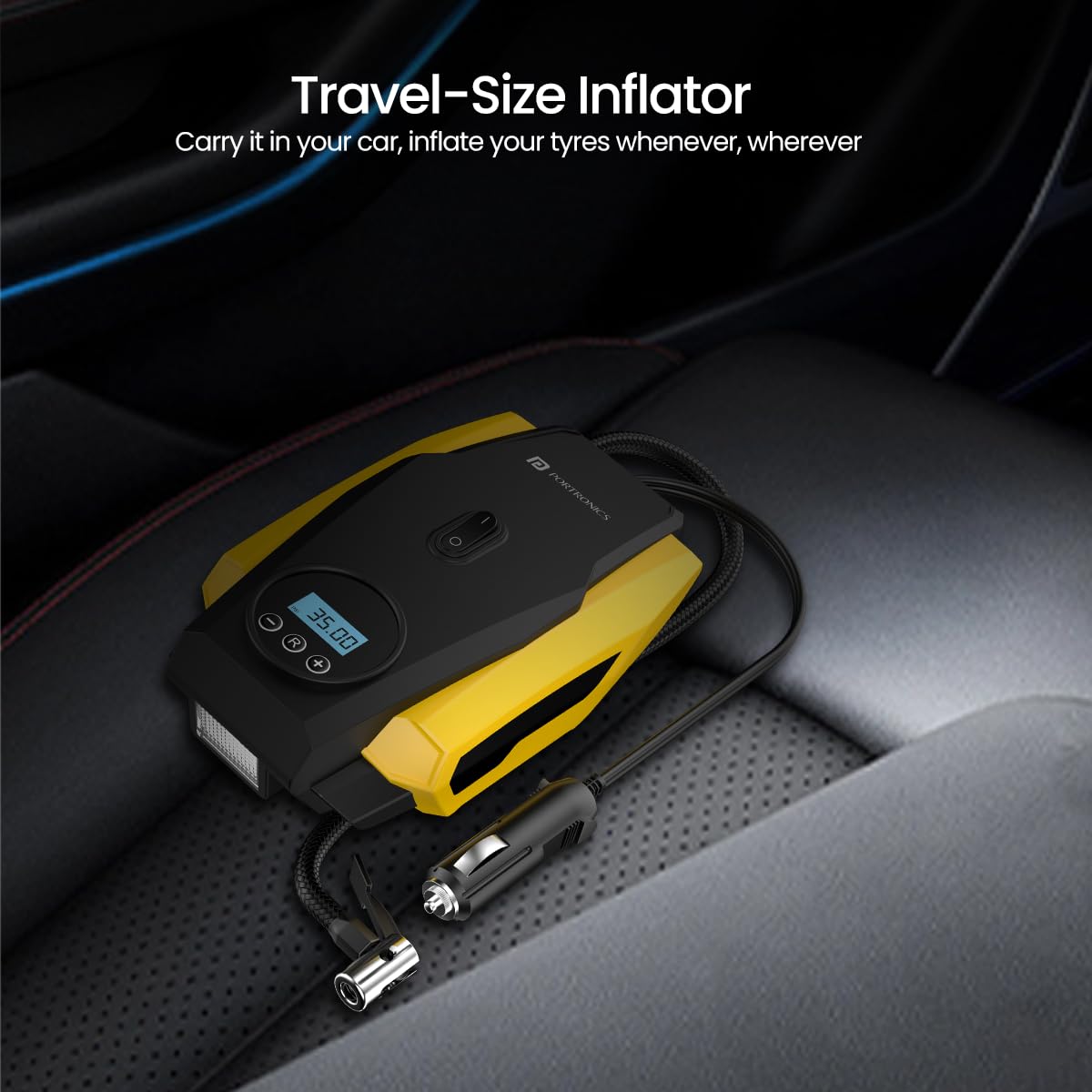 Portronics Vayu Lite Portable Tyre Inflator for Car, Bike, Cycle with 150 PSI Pressure, Digital Display, Auto Shut-Off, LED Light, 2.7m Cord, Air Pump Compressor for Cigarette Lighter Socket (Black)