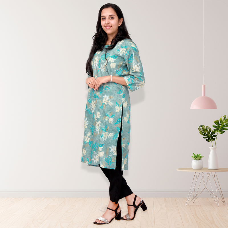 Princess feeling foil printed side slit Teal Green Floral Top