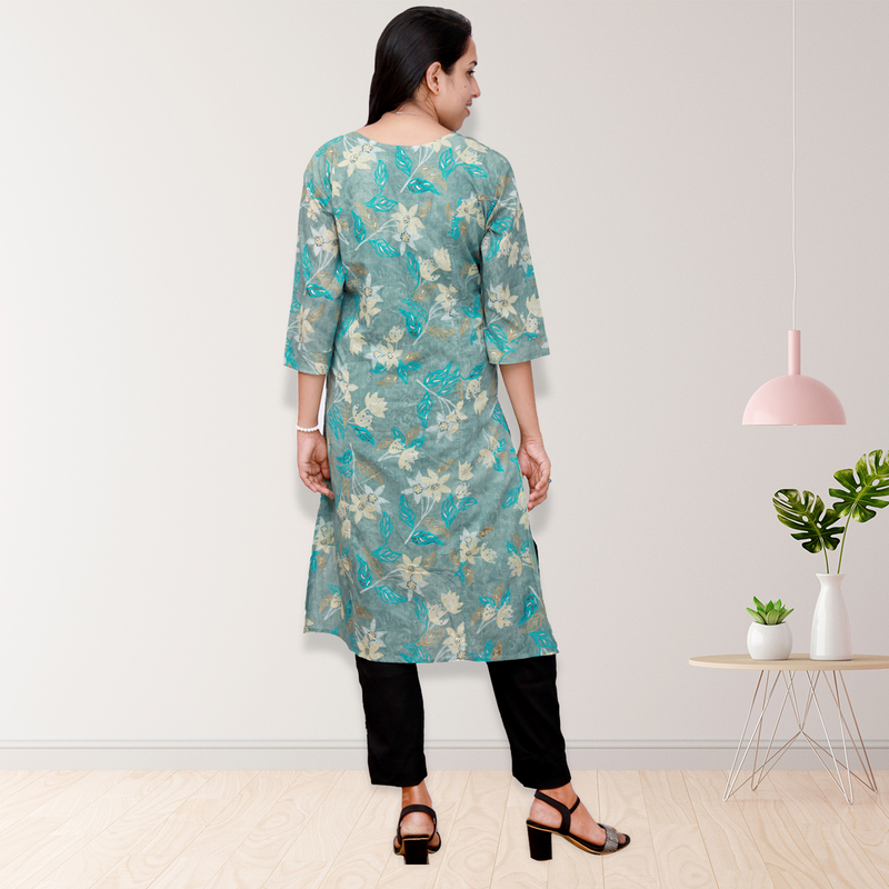 Princess feeling foil printed side slit Teal Green Floral Top