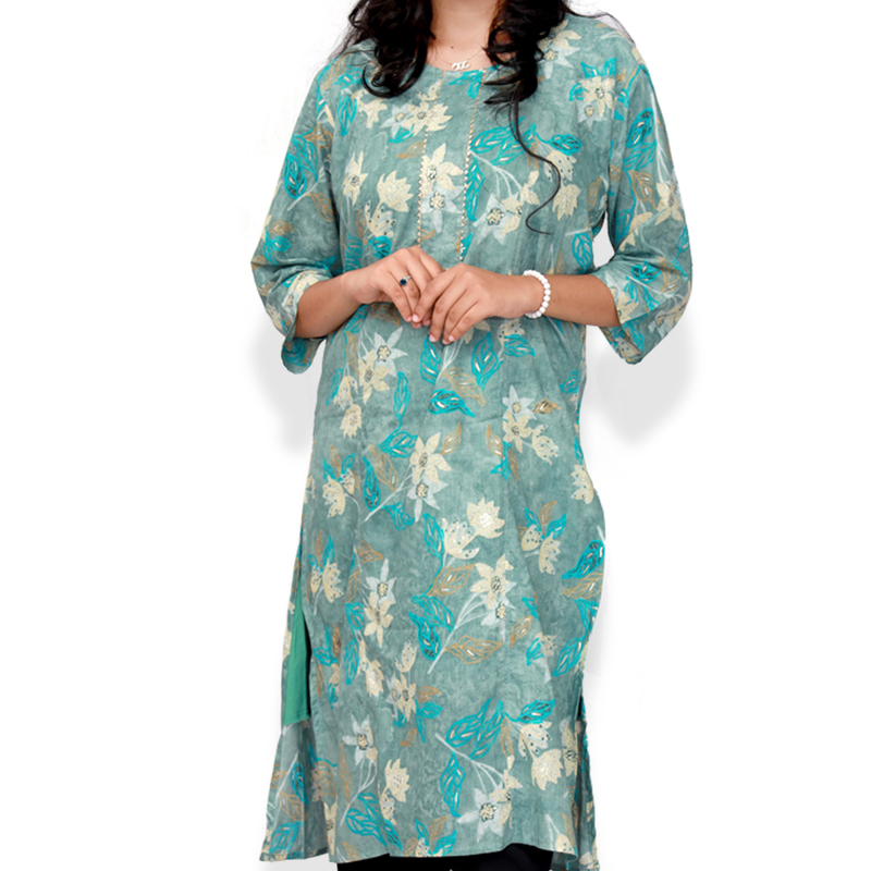 Princess feeling foil printed side slit Teal Green Floral Top