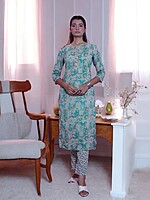 ETHNIC TURQUOISE FLORAL PRINT COTTON SALWAR SUIT SET - KURTA WITH ASTAR
