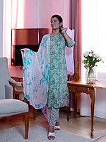 ETHNIC TURQUOISE FLORAL PRINT COTTON SALWAR SUIT SET - KURTA WITH ASTAR