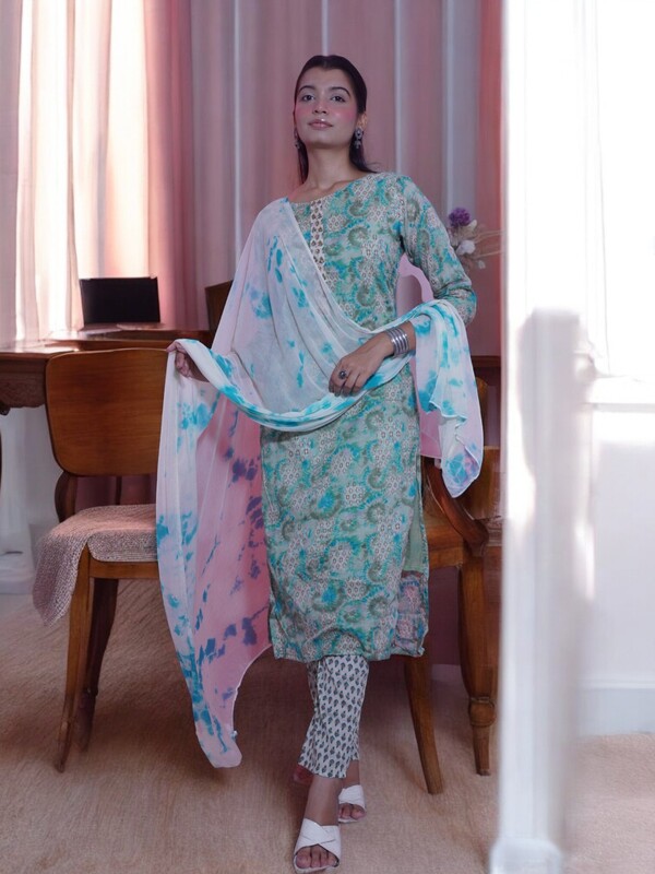 ETHNIC TURQUOISE FLORAL PRINT COTTON SALWAR SUIT SET - KURTA WITH ASTAR