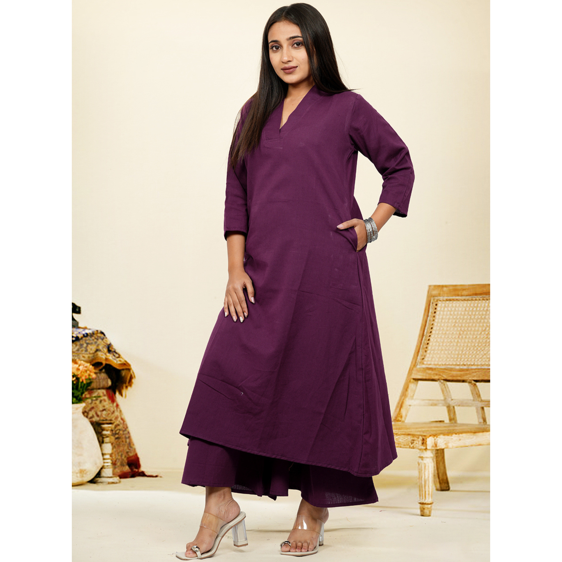 Ruhani Purple Cotton A-Line long Co-Ord Set