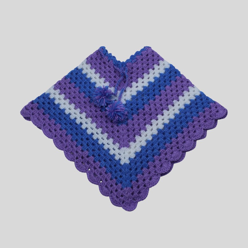 (1-2 Years) Baby Handknitted Woolen Poncho, Purple and Blue Striped